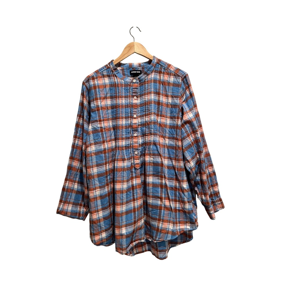 Lands End Flannel Plaid Blue Orange Button Front Shirt 24W Blouse Cotton Western